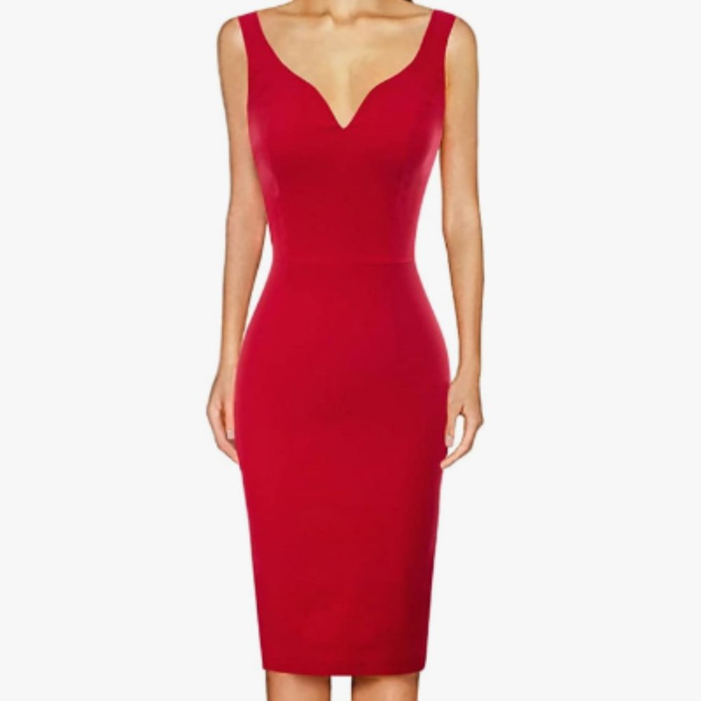 GRACE KARIN Women Sleeveless Deep V Neck Casual Cocktail Pencil Dress Red